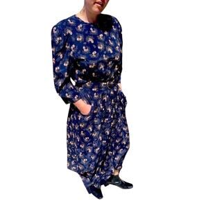 VTG J.S. Edward Navy Peach Floral Belted A-Line Dress Size 12 1980s Midi